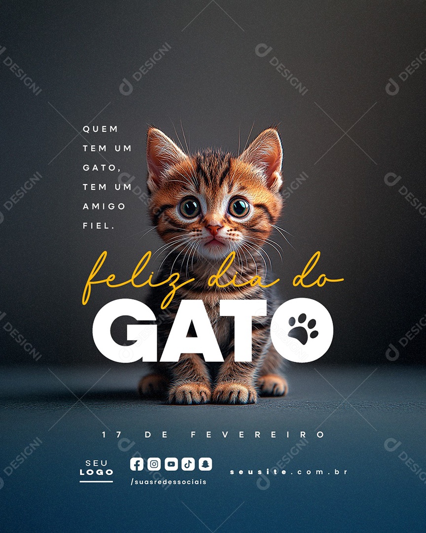 Feliz Dia do Gato 17 de Fevereiro Social Media PSD Editável