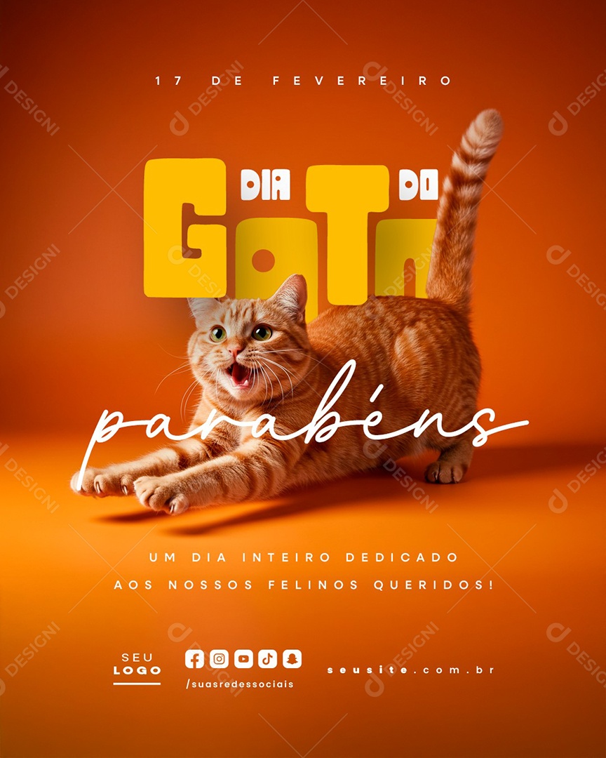 Dia do Gato 17 de Fevereiro Parabéns Social Media PSD Editável