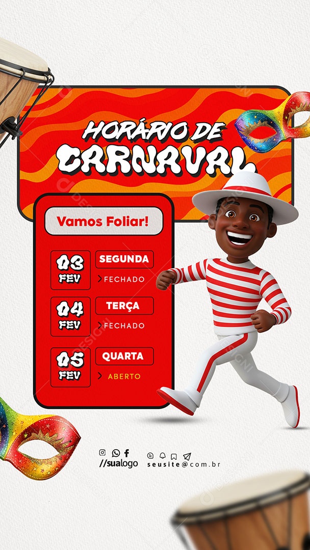 Story Horário Especial de Carnaval Aviso de Carnaval Social Media PSD Editável