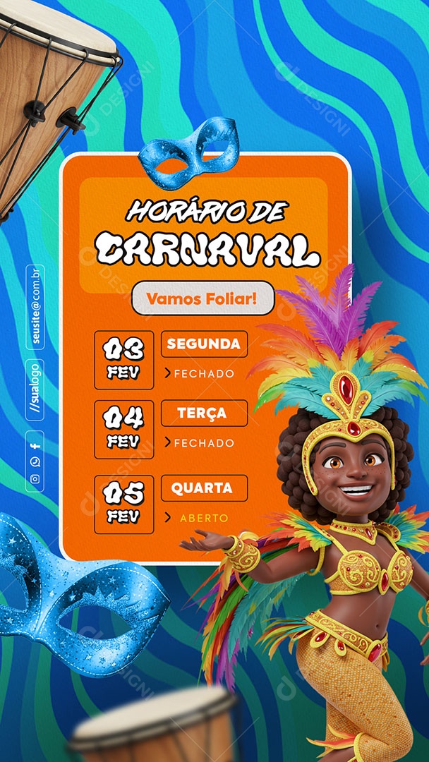 Story Horário Especial de Carnaval Aviso de Carnaval Social Media PSD Editável