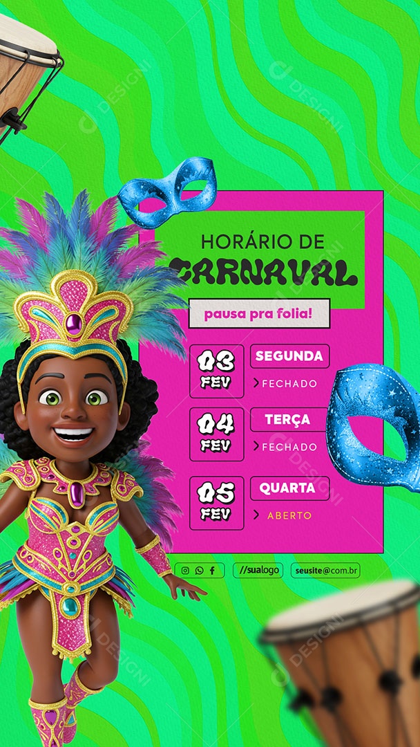 Story Horário Especial de Carnaval Aviso de Carnaval Social Media PSD Editável