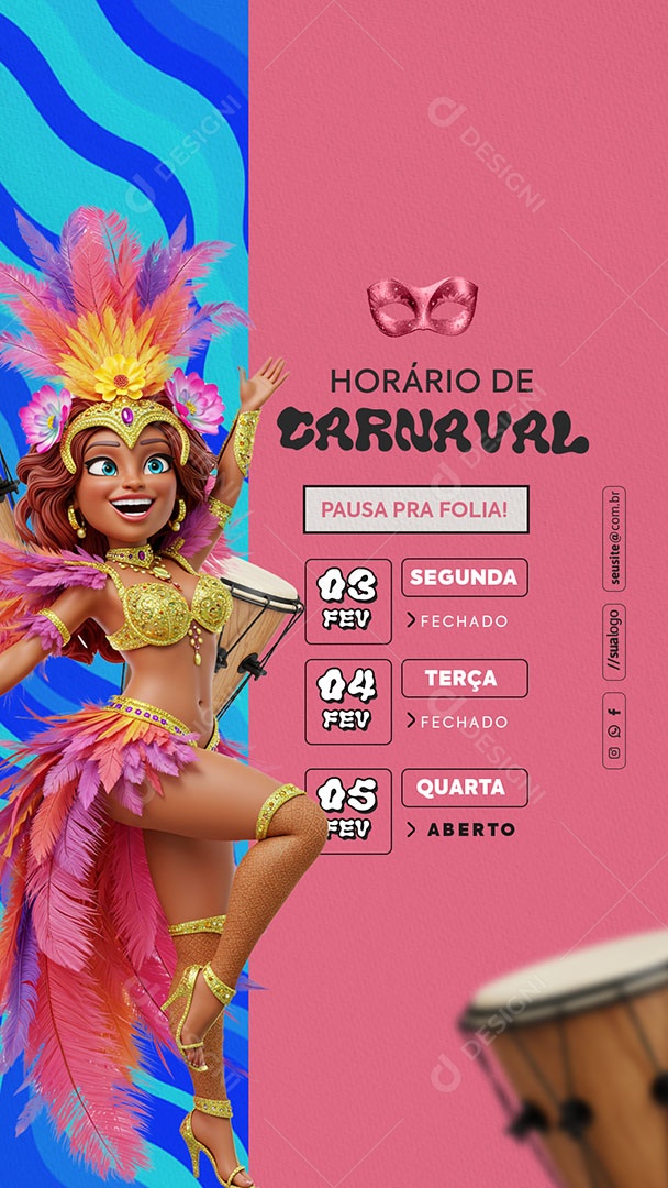 Story Horário Especial de Carnaval Aviso de Carnaval Social Media PSD Editável