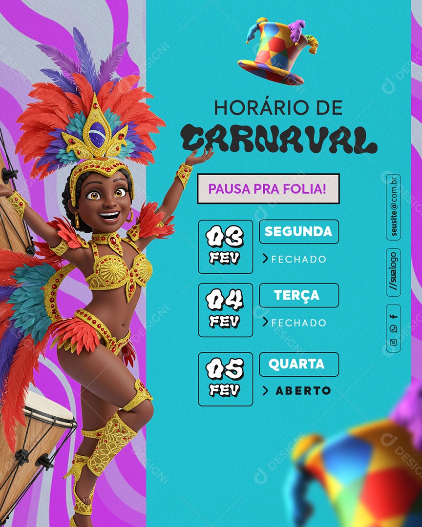 Horário Especial de Carnaval Aviso de Carnaval Social Media PSD Editável