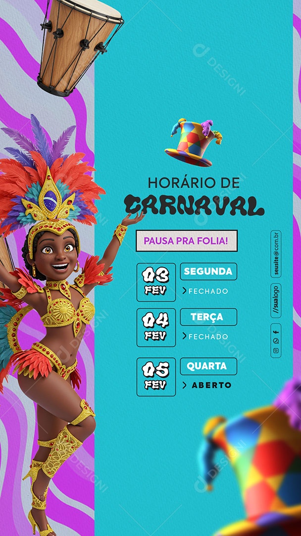 Story Horário Especial de Carnaval Aviso de Carnaval Social Media PSD Editável