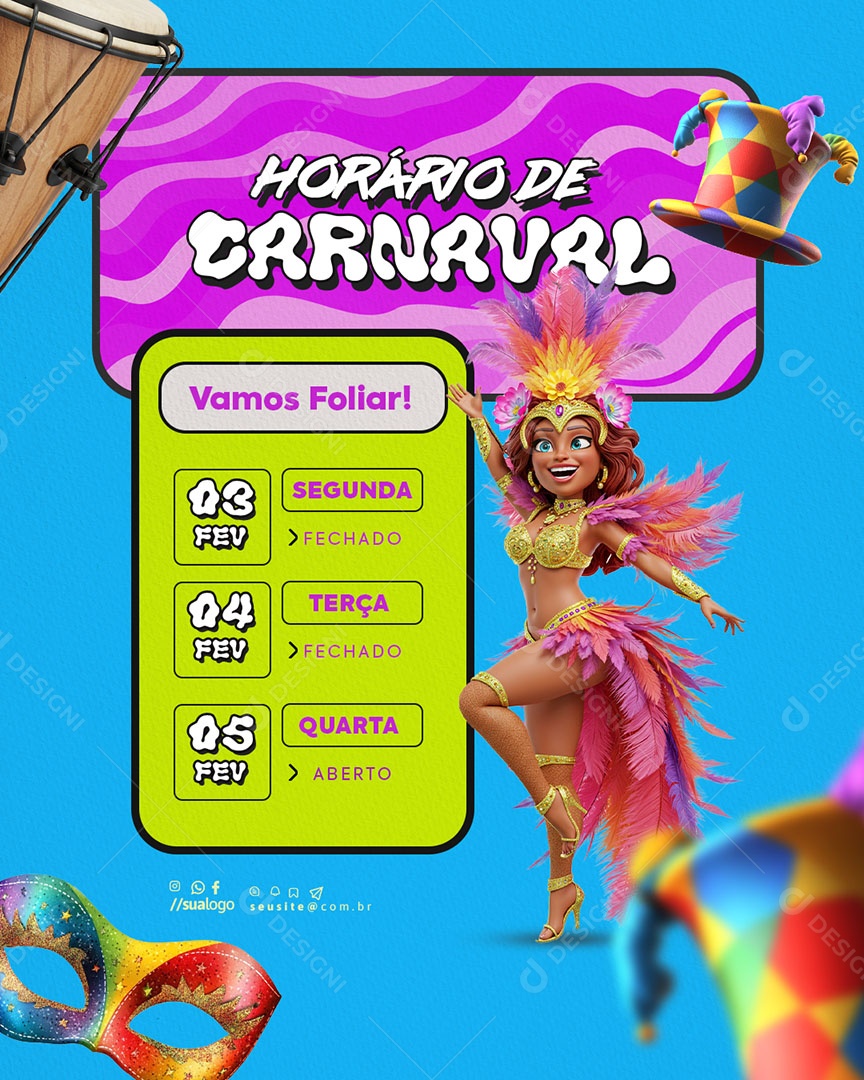 Horário Especial de Carnaval Aviso de Carnaval Social Media PSD Editável
