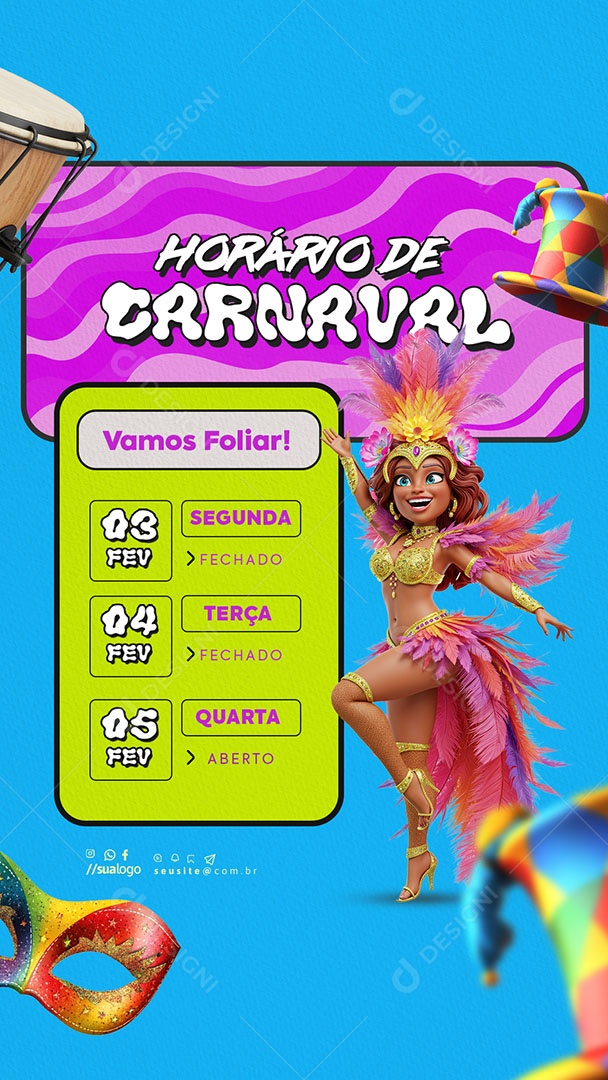 Story Horário Especial de Carnaval Aviso de Carnaval Social Media PSD Editável