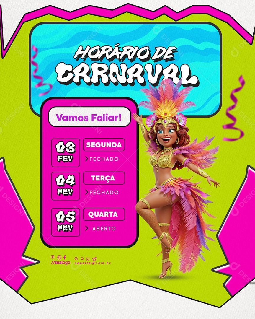 Horário Especial de Carnaval Aviso de Carnaval Social Media PSD Editável