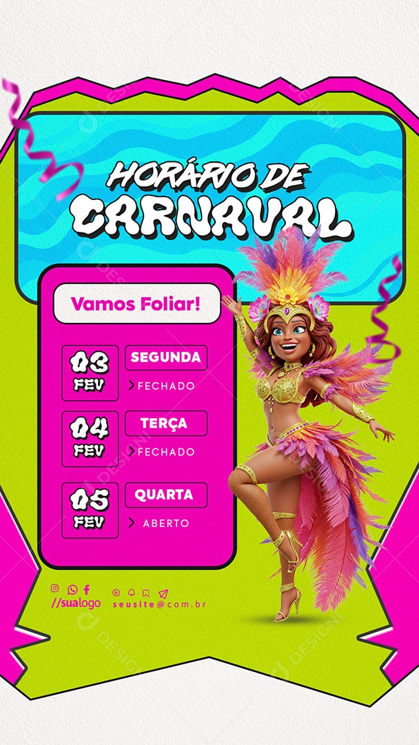 Story Horário Especial de Carnaval Aviso de Carnaval Social Media PSD Editável