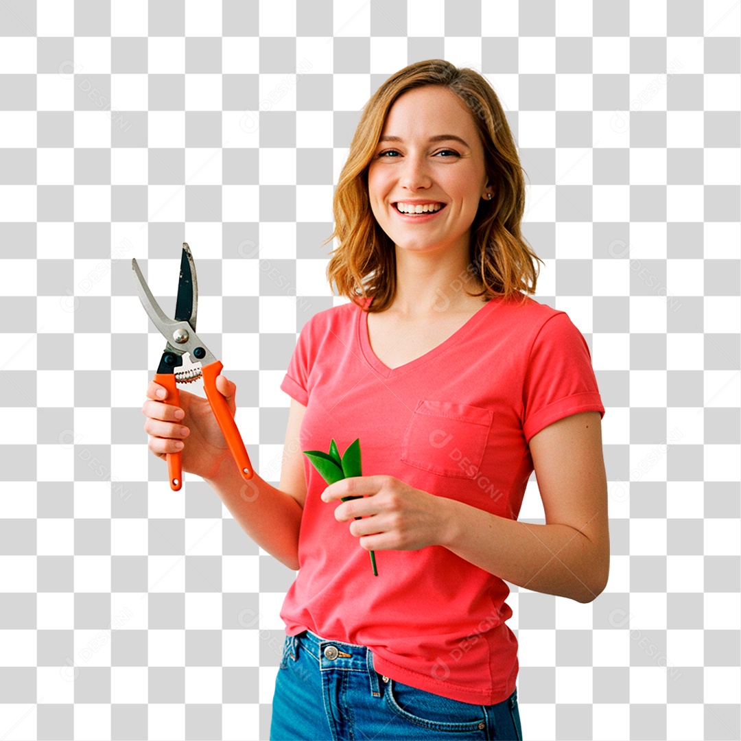Mulher Segurando Tesoura de Jardim PNG Transparente
