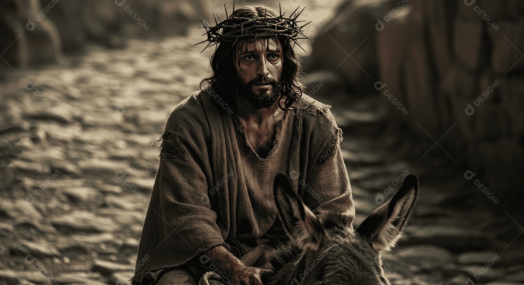 Jesus Cristo semelhança em uma estrada sobre um jegue na estrada