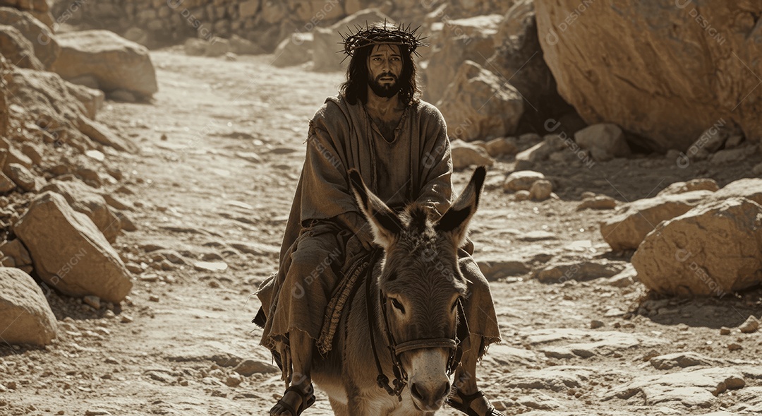 Uma imagem semelhante a Jesus Cristo em um jegue na estrada
