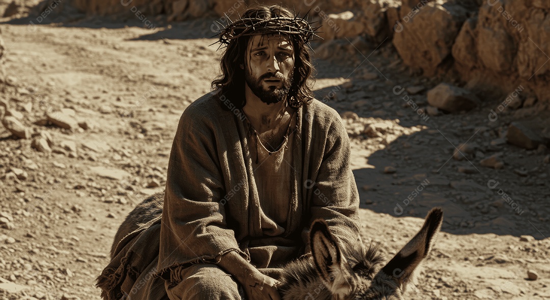 Semelhança de Cristo encima de um jegue em uma estrada