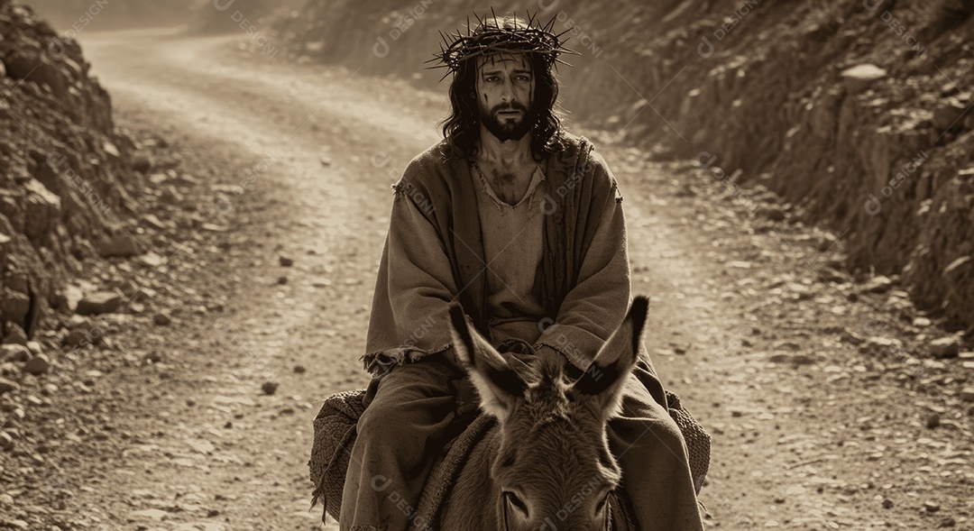 Semelhança de Jesus encima do animal em uma estrada