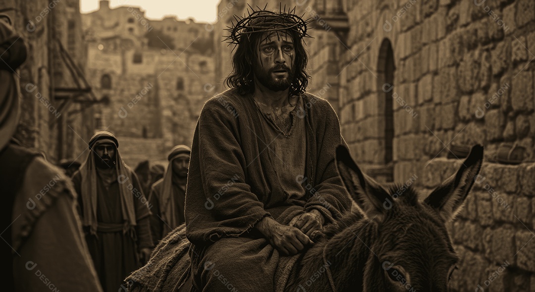 Semelhançã de Cristo sobre um animal em meio a comunidade