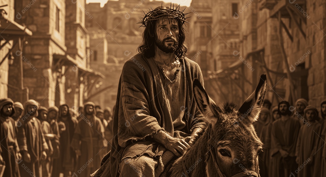 Semelhança de Cristo encima de um jegue na comunidade