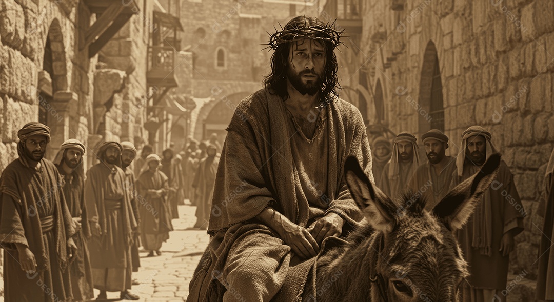 Semelhança de Cristo encima de um jegue na comunidade