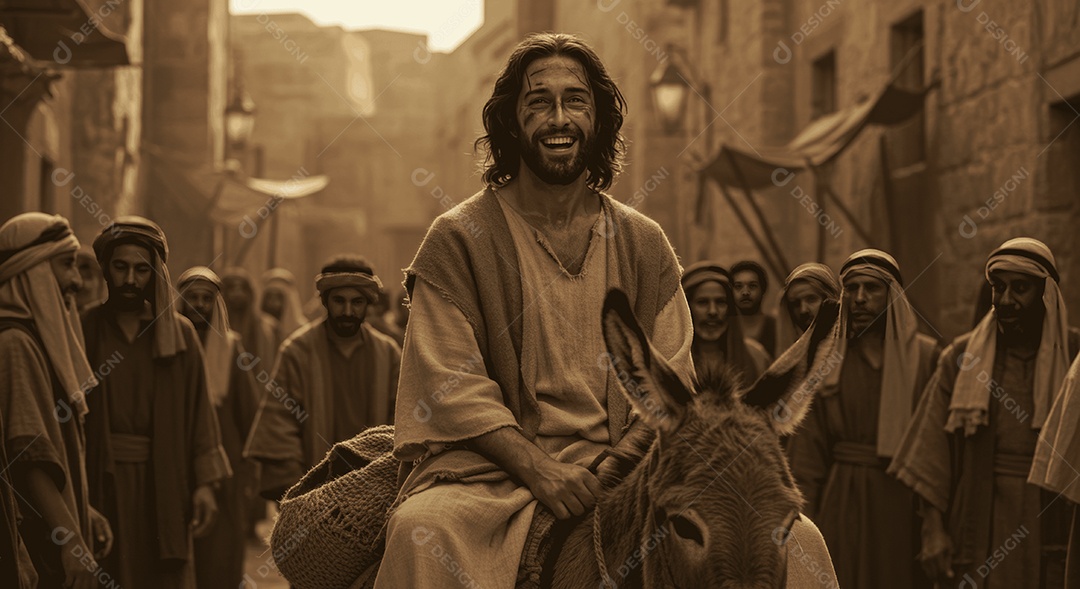 Semelhança de Cristo encima de um jegue na comunidade