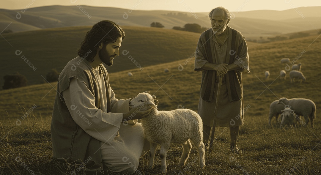 Semelhança de Cristo com pastor de ovelhas em campo