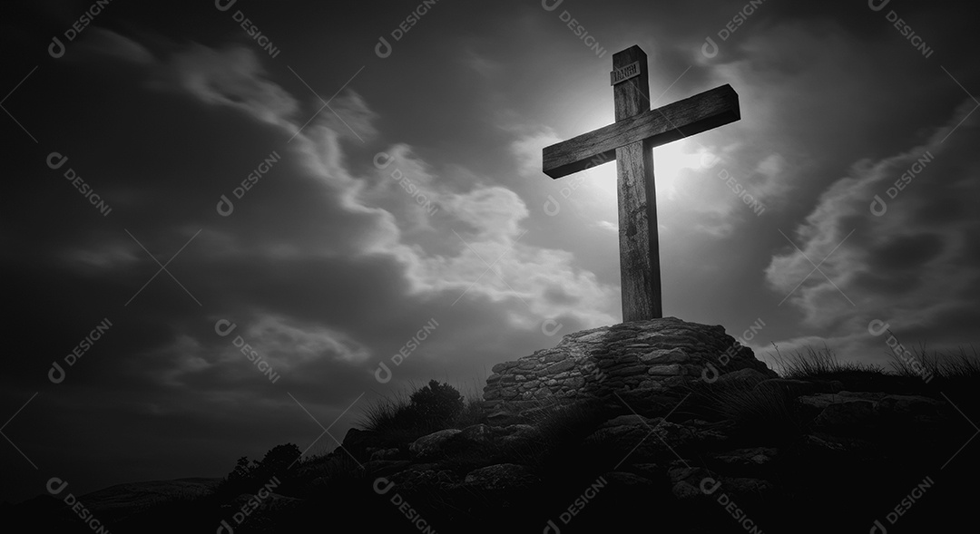 Cruz em um monte com céu noturno ressurreição de Cristo