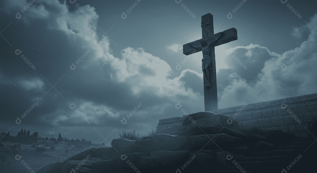 Cruz em um monte com céu noturno ressurreição de Cristo