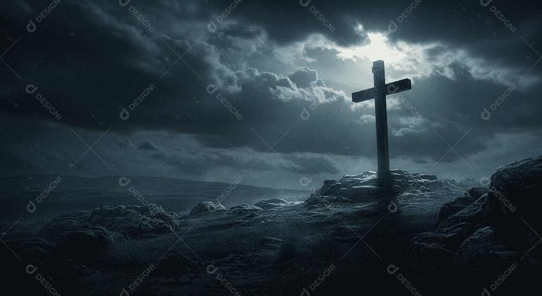 Cruz em um monte com céu noturno ressurreição de Cristo