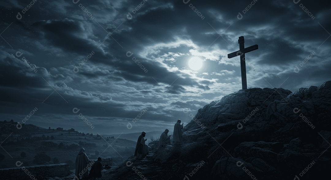 Cruzes em um monte com fiéis ajoelhado em orações ressurreição de Cristo