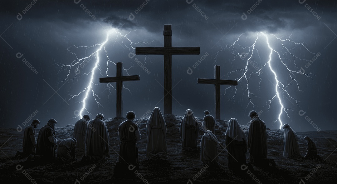 Cruzes em um monte com fiéis ajoelhado em orações ressurreição de Cristo