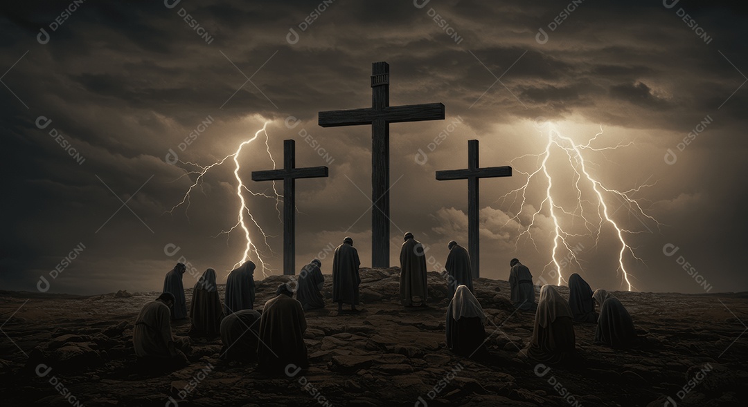 Cruzes em um monte com fiéis ajoelhado em orações ressurreição de Cristo