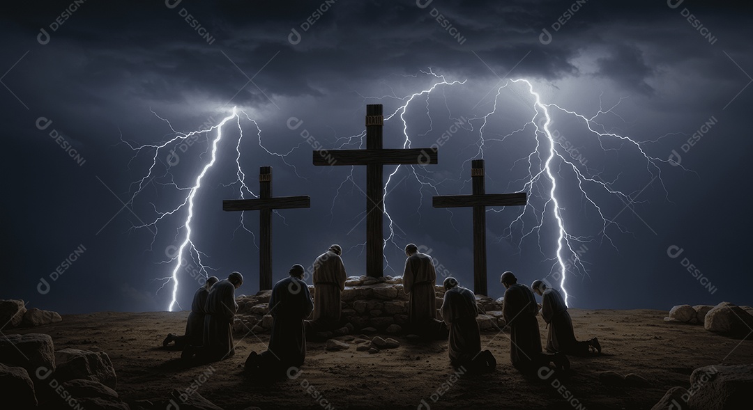 Cruzes em um monte com fiéis ajoelhado em orações