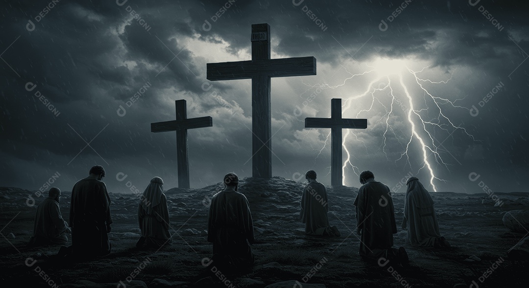 Cruzes em um monte com fiéis ajoelhado em orações