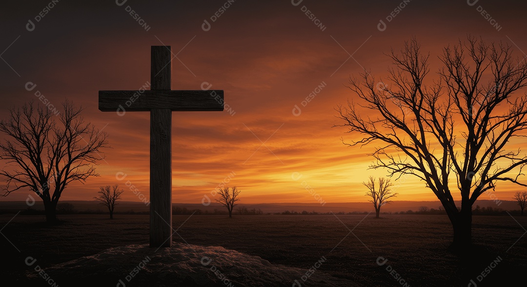 Deserto com cruz e algumas árvores secas ressurreição de Cristo