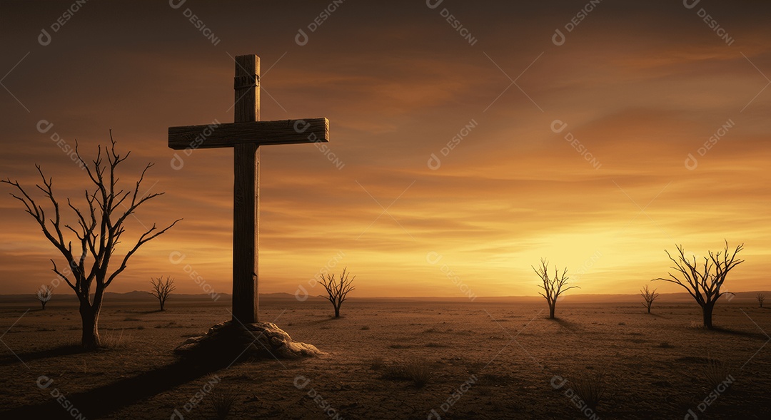 Deserto com cruz e algumas árvores secas ressurreição de Cristo