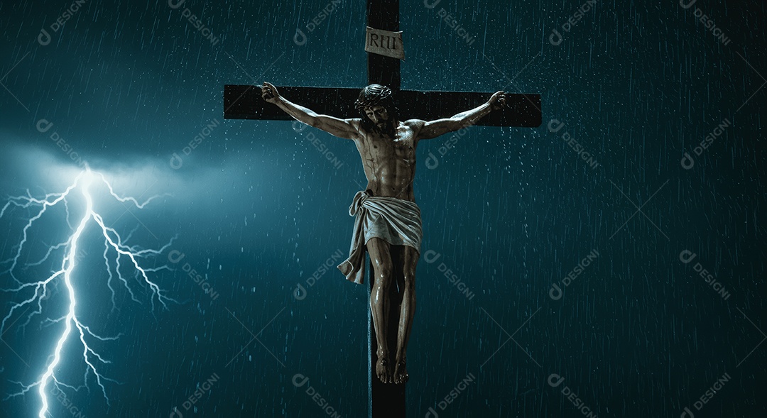 Semelhança de Jesus Cristo na cruz com trovões no céu
