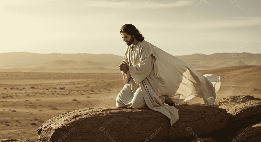 Semelhança Jesus Cristo fazendo oração em um monte no deserto