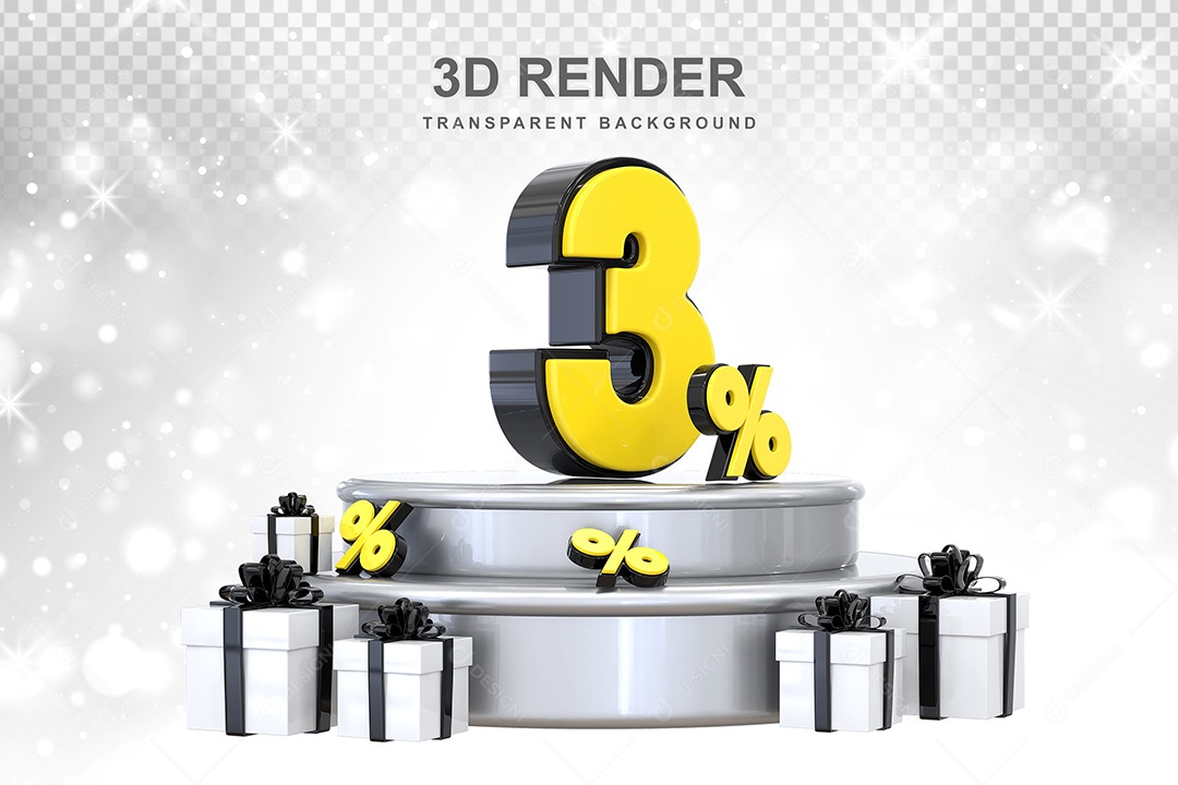 Número 3D 3% Preto e Amarelo Elemento Para Composição PSD