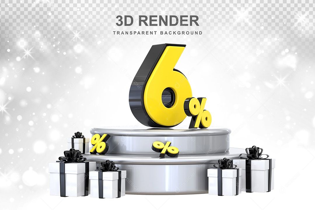 Número 3D 6% Preto e Amarelo Elemento Para Composição PSD