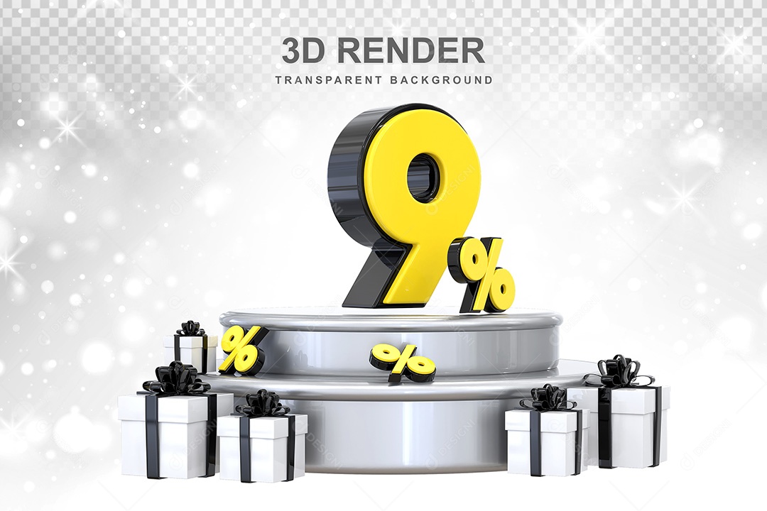 Número 3D 9% Preto e Amarelo Elemento Para Composição PSD