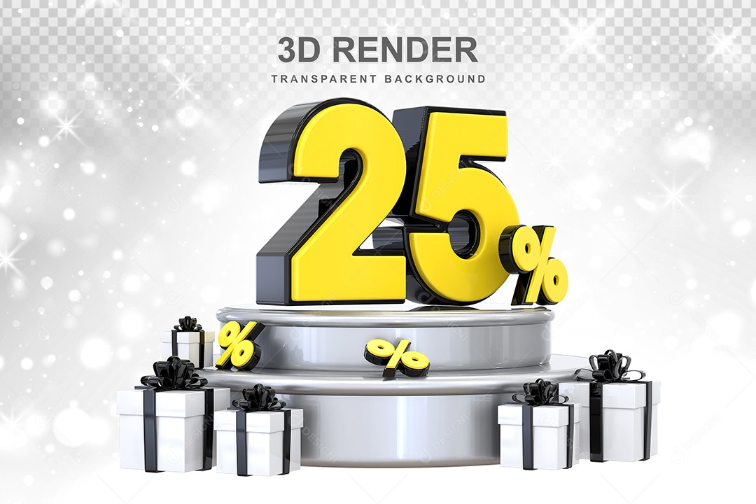 Número 3D 25% Preto e Amarelo Elemento Para Composição PSD