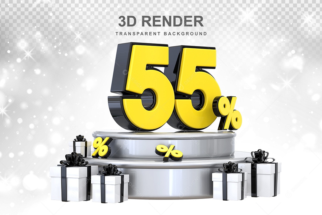 Número 3D 55% Preto e Amarelo Elemento Para Composição PSD