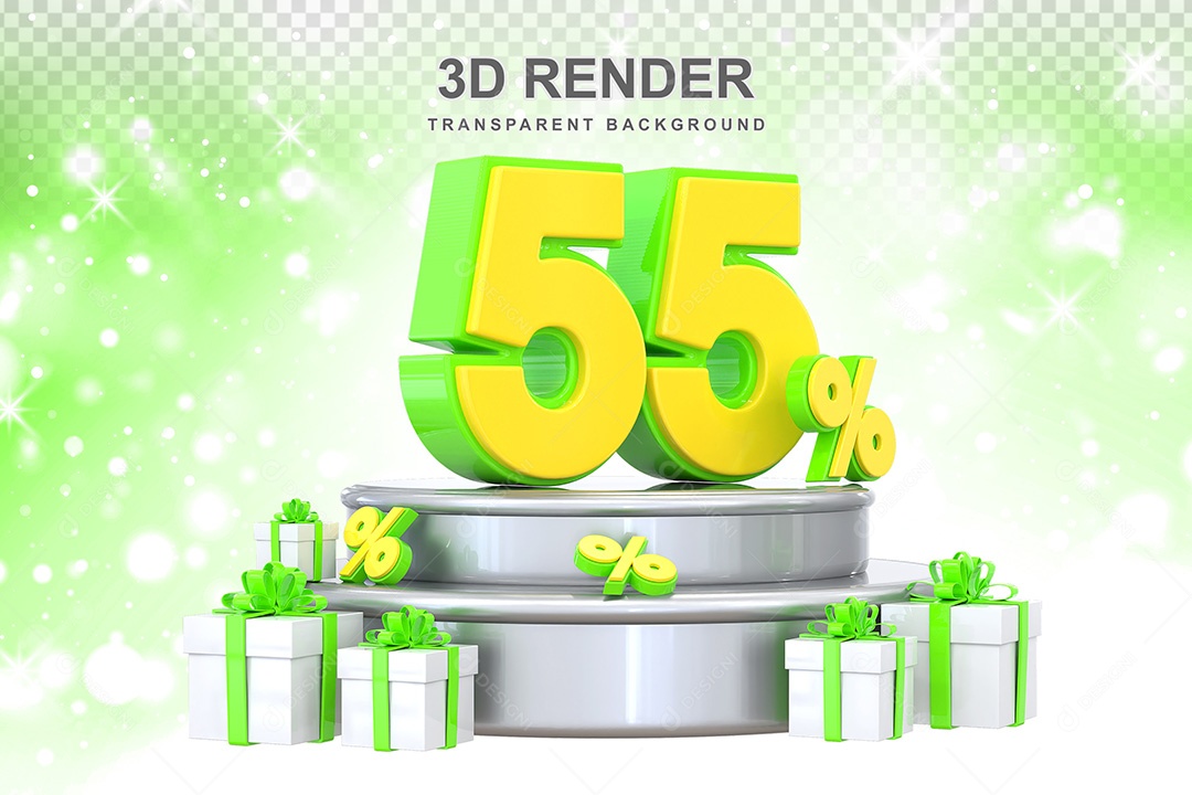 Número 3D 55% Verde e Amarelo Elemento Para Composição PSD