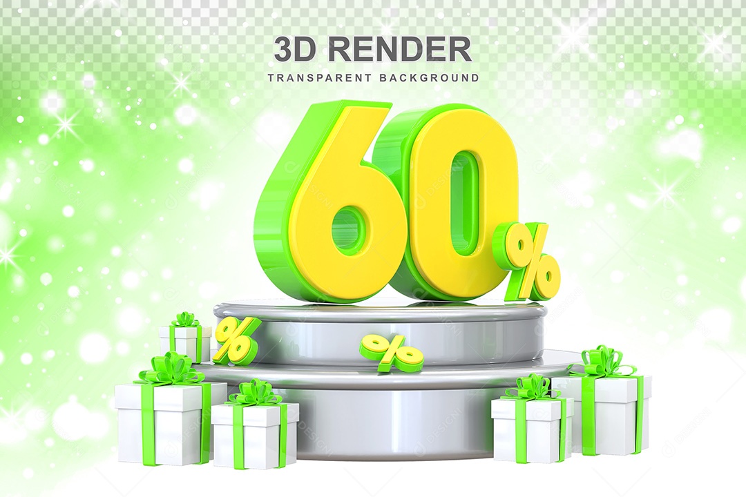 Número 3D 60% Verde e Amarelo Elemento Para Composição PSD