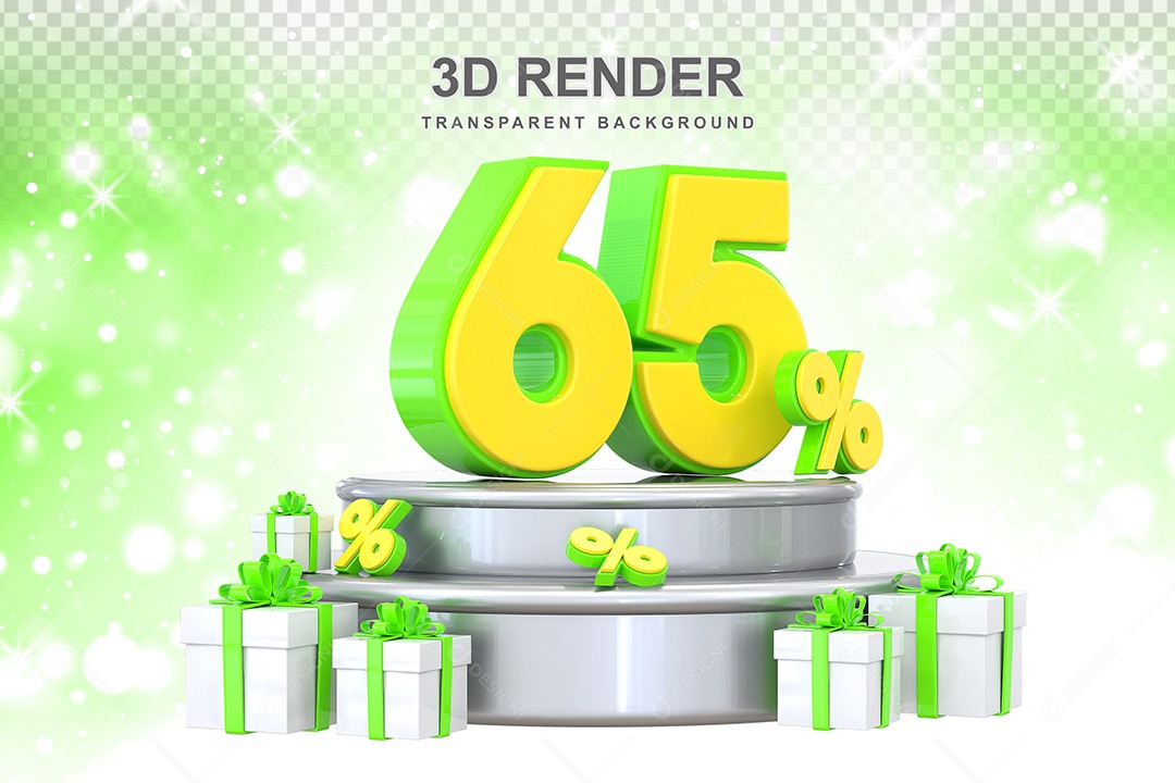 Número 3D 65% Verde e Amarelo Elemento Para Composição PSD