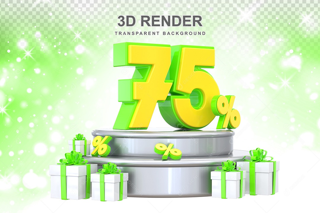 Número 3D 75% Verde e Amarelo Elemento Para Composição PSD