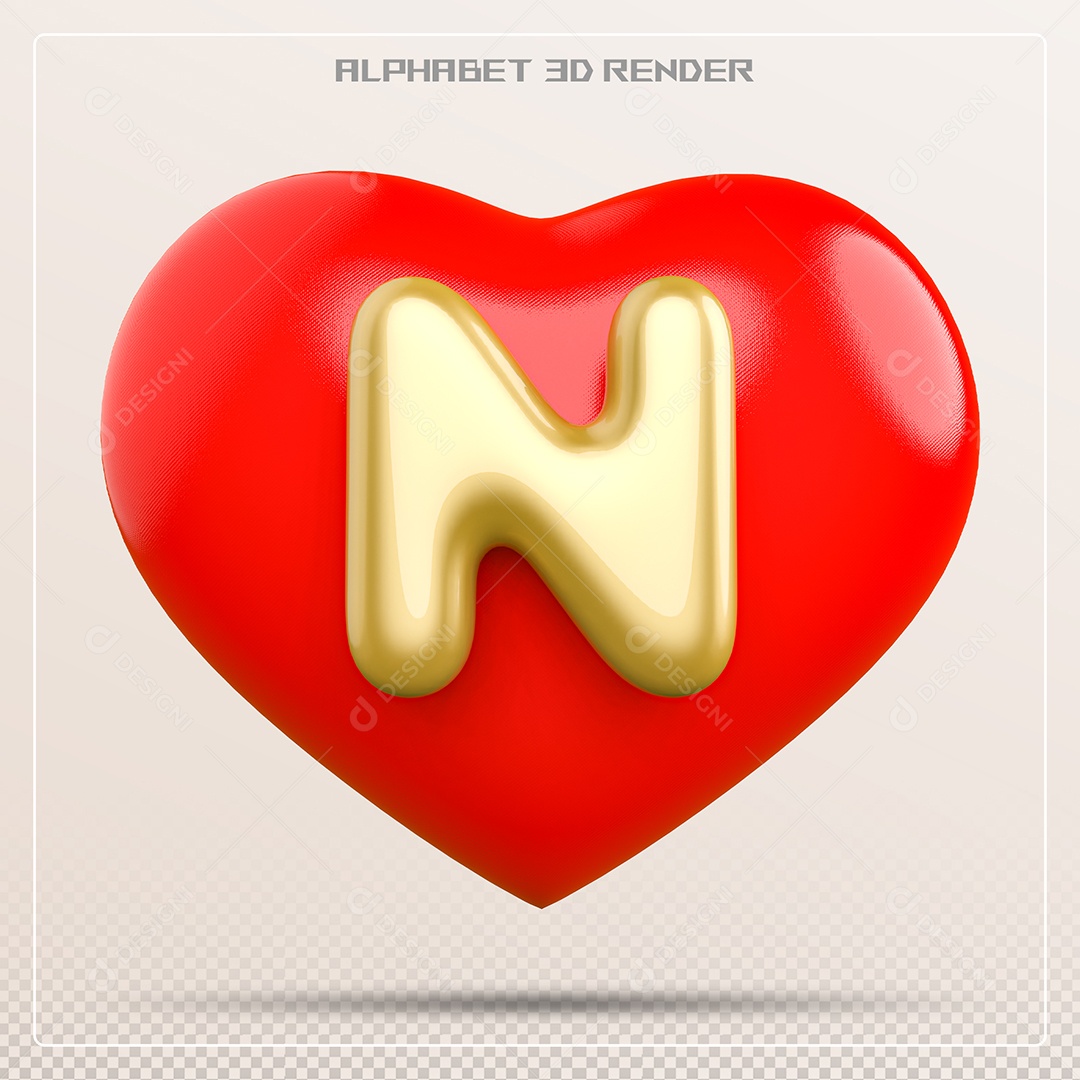 Coração Com Letra N Maiúscula Elemento 3D Para Composição PSD