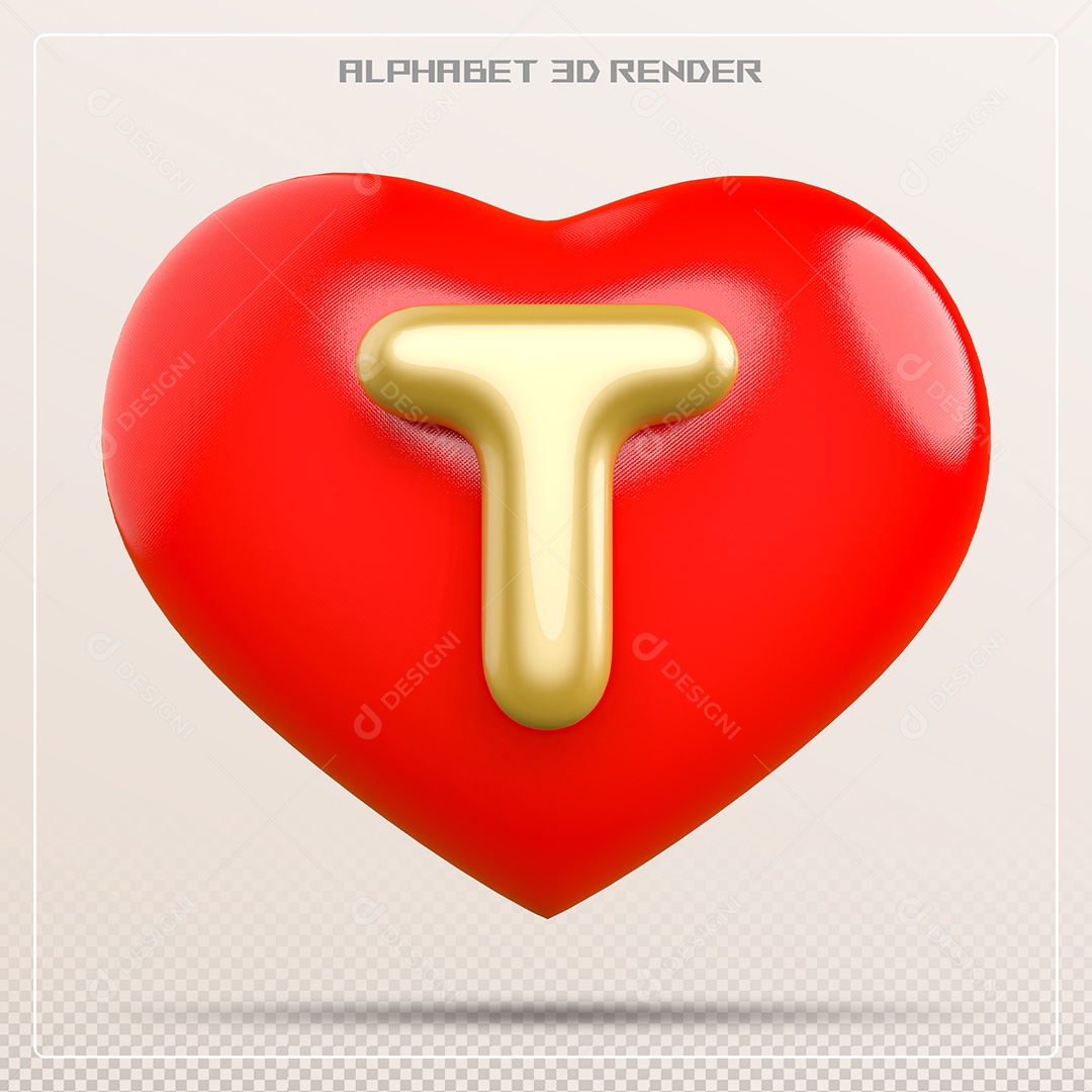 Coração Com Letra T Maiúscula Elemento 3D Para Composição PSD