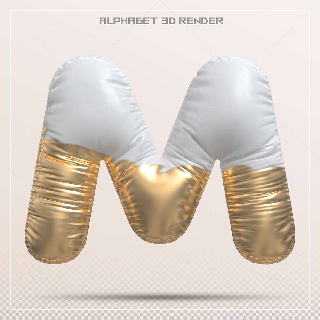 Balão Branco e Dourado Letra M Maiúscula Elemento 3D Para Composição PSD