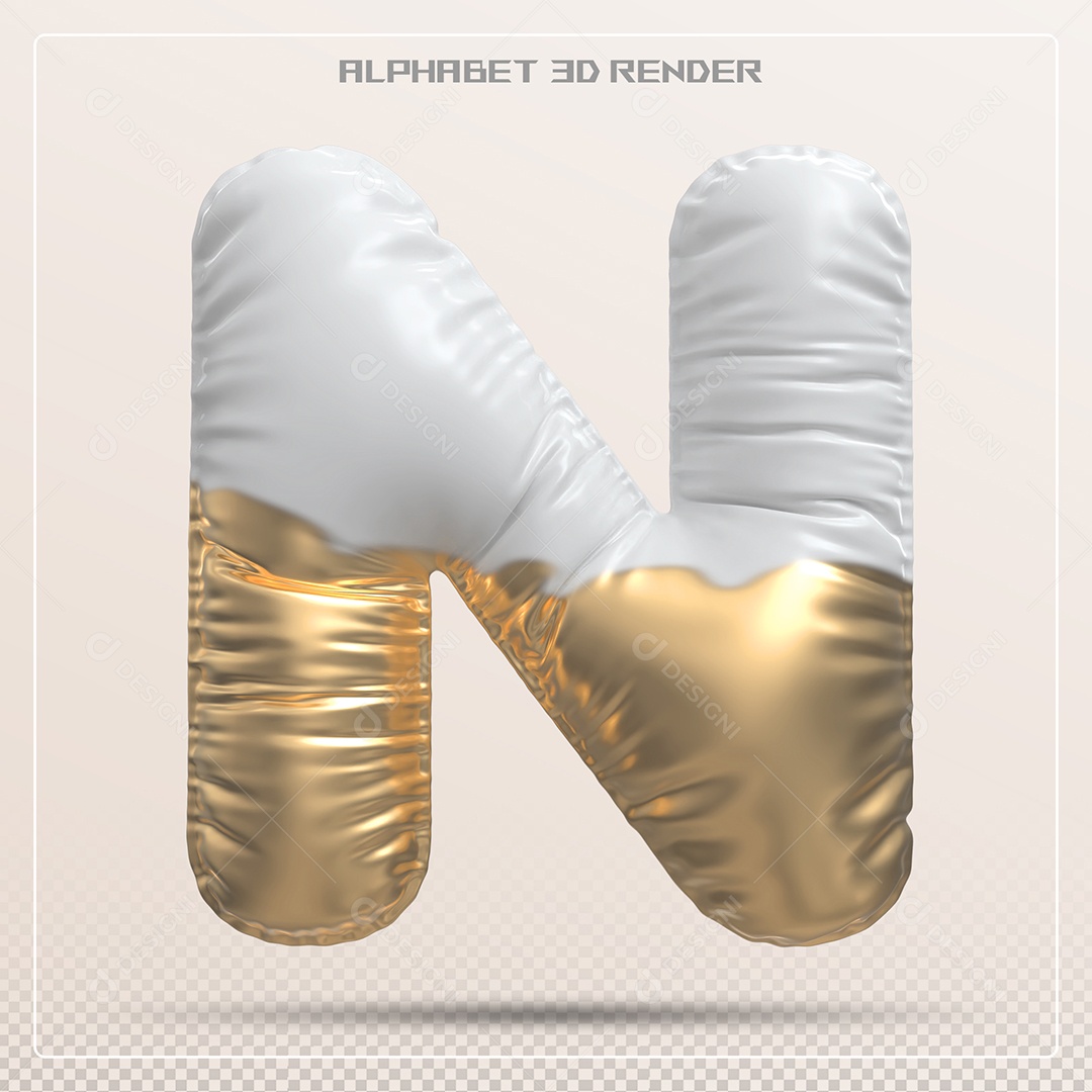 Balão Branco e Dourado Letra N Maiúscula Elemento 3D Para Composição PSD