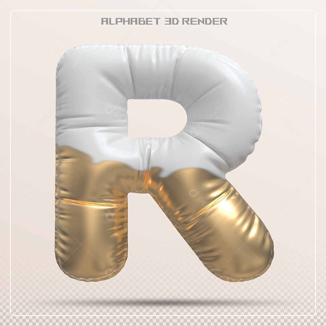 Balão Branco e Dourado Letra R Maiúscula Elemento 3D Para Composição PSD