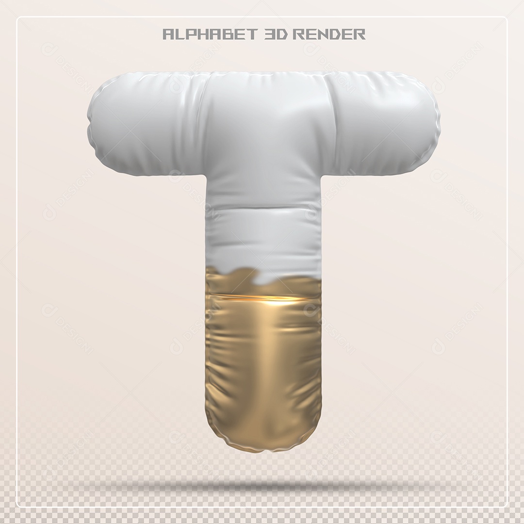 Balão Branco e Dourado Letra T Maiúscula Elemento 3D Para Composição PSD