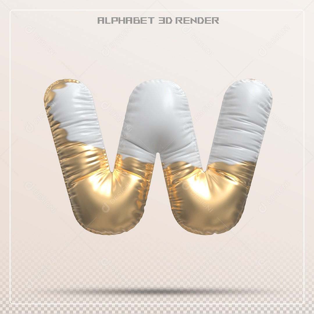 Balão Branco e Dourado Letra W Maiúscula Elemento 3D Para Composição PSD